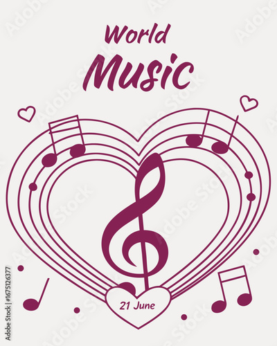 Heart shape with musical notes and treble clef for World Music Day June 21 love