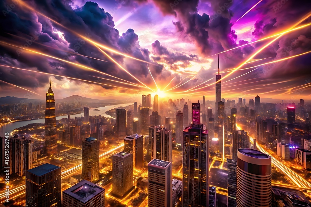 Fototapeta premium Futuristic Cityscape: Dramatic Sunset, Light Trails, and Vibrant Skyscrapers.