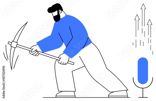 Person striking with pickaxe, microphone for communication, and upward arrows indicating progress. Ideal for innovation, technology, growth, effort, determination, digital data mining development