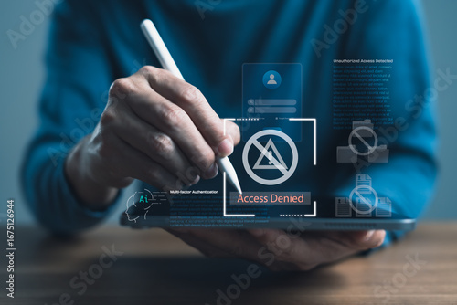 Foto Cybersecurity login failure and access denied warning on digital tablet screen,