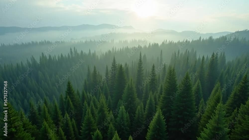 Stunning aerial view of evergreen forest bathed in morning mist with sun rays peaking through Stunning aerial view of evergreen forest bathed in morning mist with sun rays peaking through