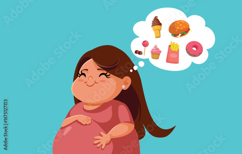 Overweight Pregnant Woman Craving for Unhealthy Foods Vector Cartoon Illustration. Mother to be feeling like eating a lot of snacks

