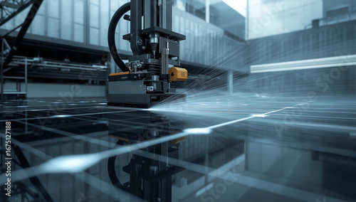 Advanced industrial automation showing a robotic arm performing precision engineering on a futuristic high-tech surface with glowing grid lines