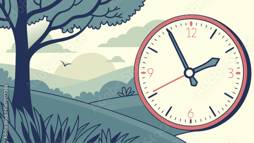 Daylight savings time change concept with clock in nature landscape vector illustration design art