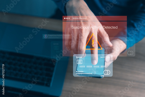 Mobile banking fraud alert with suspicious activity warning icon and card graphic, symbolizing financial threat, digital breach, and online transaction risk