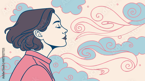 Relaxing woman breathing fresh air in nature illustration for wellness and mindfulness design projects