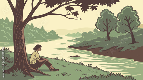 Woman relaxing by river bank under tree, nature scene, peaceful landscape, outdoors, meditation, serenity, art