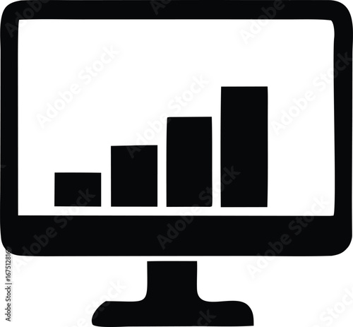 Computer monitor displaying a growing bar graph icon symbolizing business growth and financial analysis on a screen