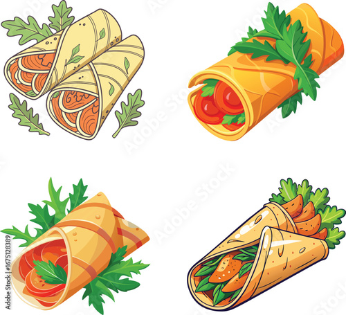 Golden Crispy Crepe Rolls Filled with Fresh Salmon and Greens Vector Art. 