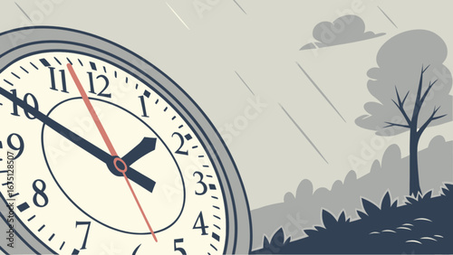 Time management concept showing clock in rainy weather landscape for deadline and productivity planning now at 1 10