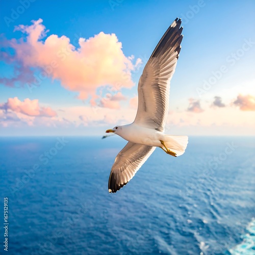 Seagull in Flight over Ocean at Sunset