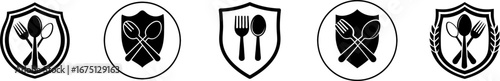 A series of black and white icons depicting utensils and shields, representing dining and food-related themes.