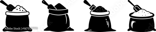 Four sacks filled with different types of grains or powders, each with a scoop, depicted in a minimalist black-and-white style.