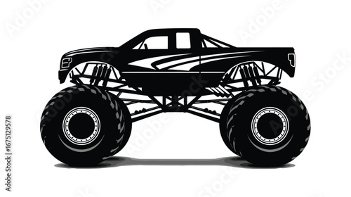 Bold monster truck silhouette with oversized tires and aggressive design on a clean white backdrop for extreme sports enthusiasts on white background