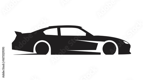 Sleek silhouette of a racing car speeding forward showcasing automotive design and highperformance engineering with dynamic motion lines on white background