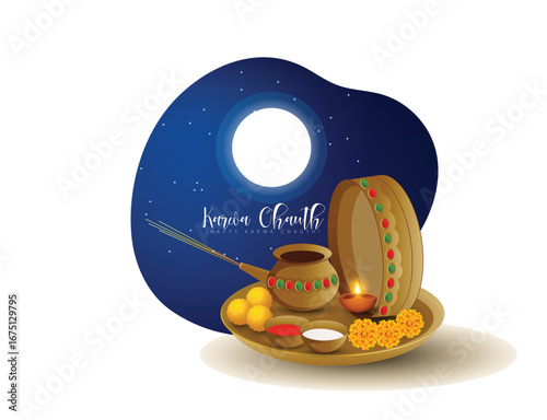 Karwa Chauth Celebration with Traditional Indian Woman Holding Decorative Puja Thali