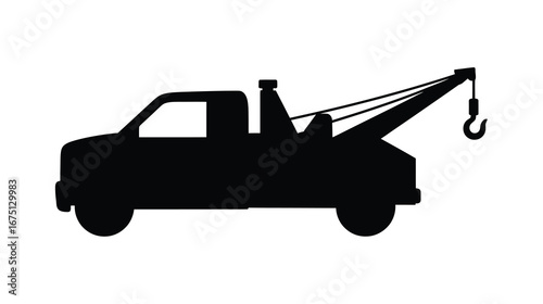 Silhouette of a tow truck with a hook ready for roadside assistance and vehicle recovery services for graphic design use on white background
