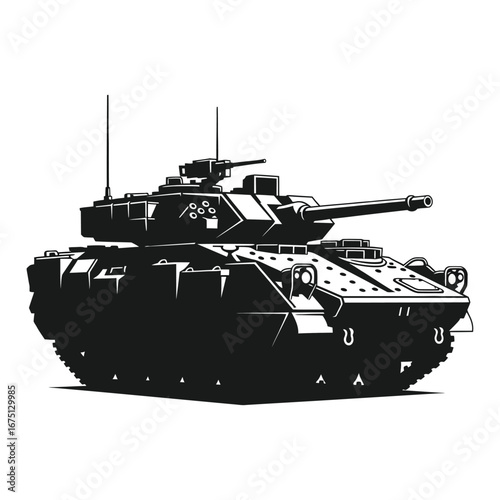 Vector illustration of a military tank in grayscale showcasing its powerful design and robust structure on white background