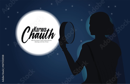 Karwa Chauth Celebration with Traditional Indian Woman Holding Decorative Puja Thali