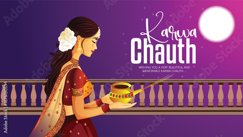Karwa Chauth Celebration with Traditional Indian Woman Holding Decorative Puja Thali