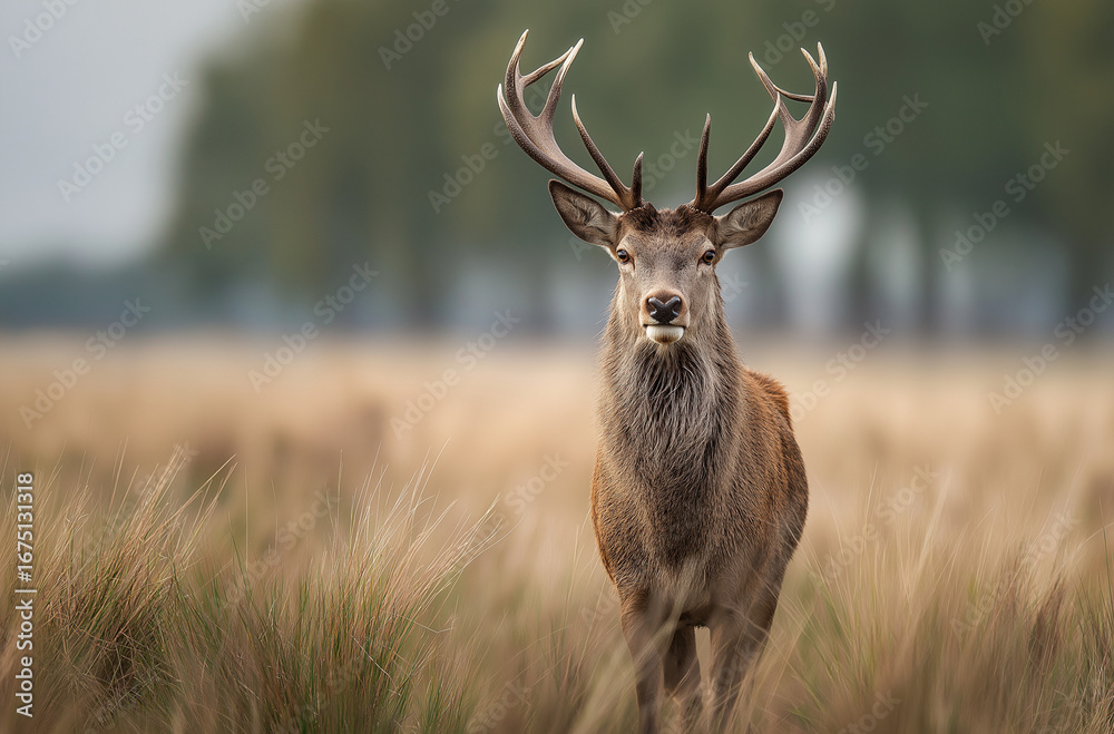 Obraz premium A majestic black deer with impressive antlers stands in an open field.