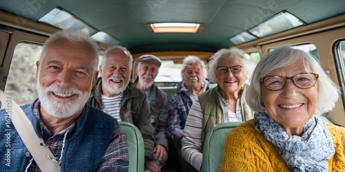 Aging populations and demographics and community concept. Joyful seniors on a road trip in a vintage van.