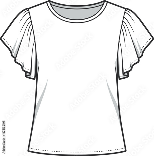 Black and white fashion flat sketch of at-shirt with flutter sleeves fashion sketch apparel
