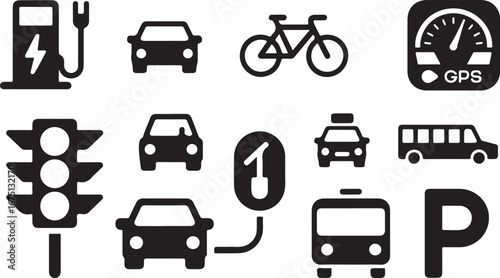 Transportation Icons Set Depicting Various Modes and Infrastructure Elements in Black