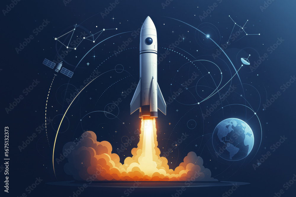 Obraz premium Futuristic rocket launches into space, surrounded by stars and planets, symbolizing exploration and innovation. vibrant flames and dynamic motion evoke excitement and adventure