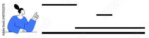 Woman in blue top positioned next to stylized horizontal lines, suggesting focus or attention. Ideal for communication, teamwork, focus, creativity, decision-making, education, simple landing page