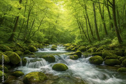 Tranquil mountain stream flows through lush green forest, surrounded by vibrant foliage and smooth moss covered stones. serene atmosphere invites relaxation and reflection