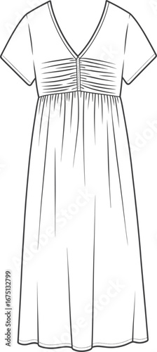 Fashion illustration of a white short sleeve dress with V-neck and gathered bodice fashion sketch apparel