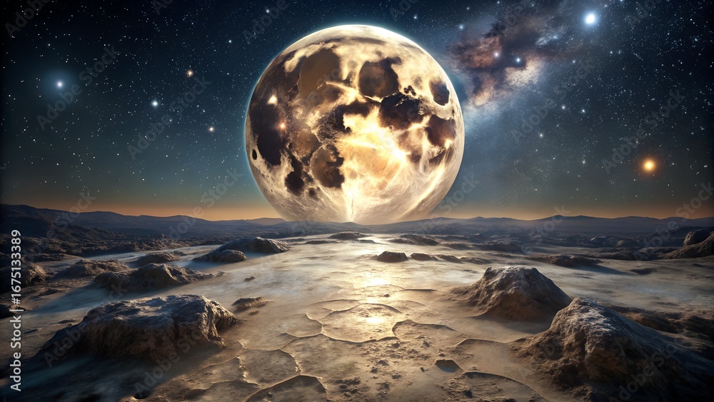 Obraz premium A giant moon rises over a desolate alien landscape