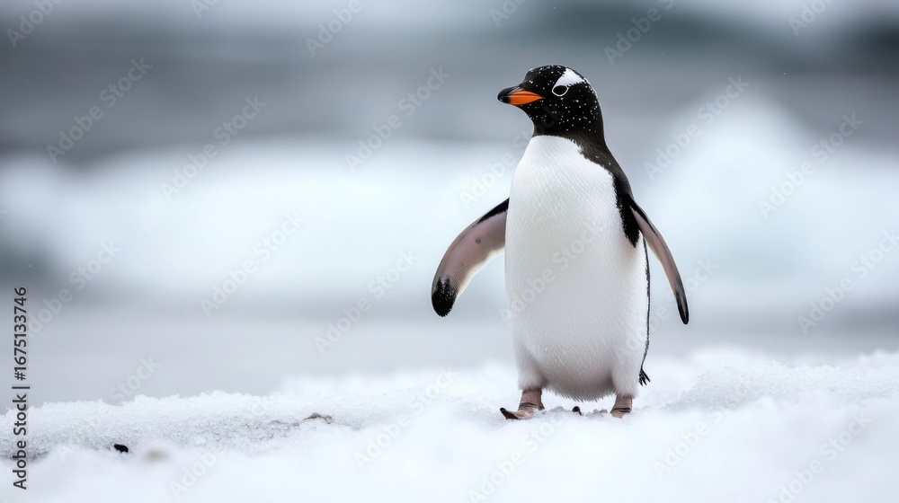 Naklejka premium Gentoo Penguin Standing on Snow in Antarctica