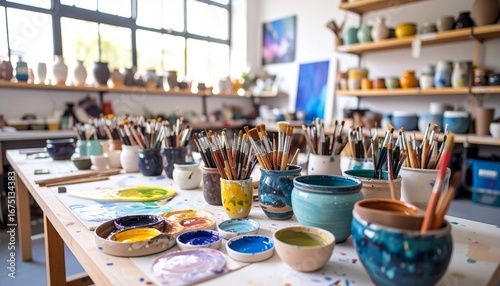 Vibrant art studio with organized painting brushes, colorful palettes, and ceramic creations