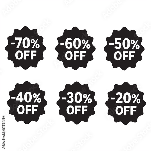 Discount Sale Tags Black and White Vector Illustration Offering Variety of Percentage Off Deals for Retail Promotions and Seasonal Sales