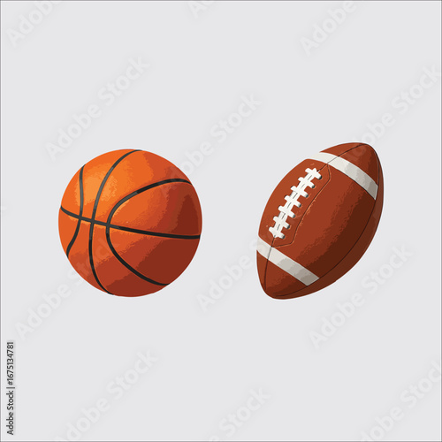Basketball and American Football Side by Side Depicting Team Sports and Athletic Competition Equipment for Recreational Games and Tournaments on Isolated Background