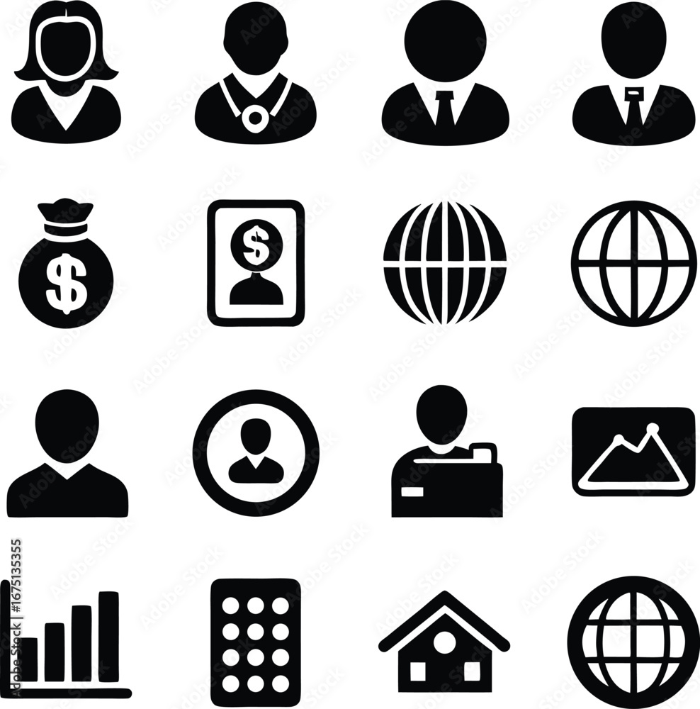 Obraz premium Diverse business and user icons representing profiles finance globalization and operations essential for digital interfaces and applications