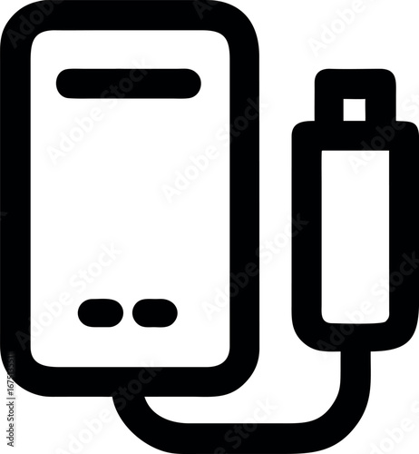 Vector line icon of a portable power bank with a connected cable, symbolizing mobile charging and external energy source