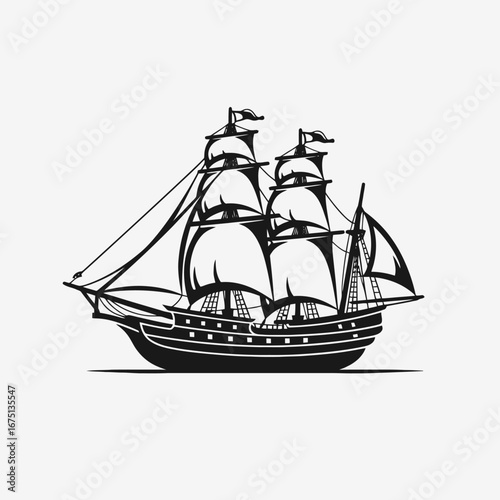 Majestic black galleon sailing ship illustration against white background creating an amazing silhouette