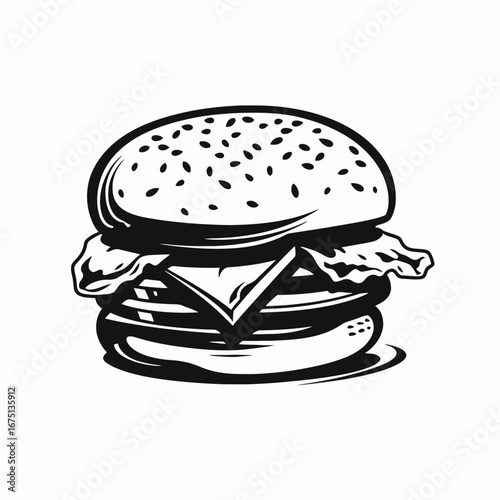 Delicious burger with sesame seeds artistic and monochrome line art silhouette