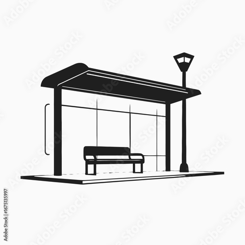 Lonely bus stop bench with street lamp showing minimalist monochrome silhouette