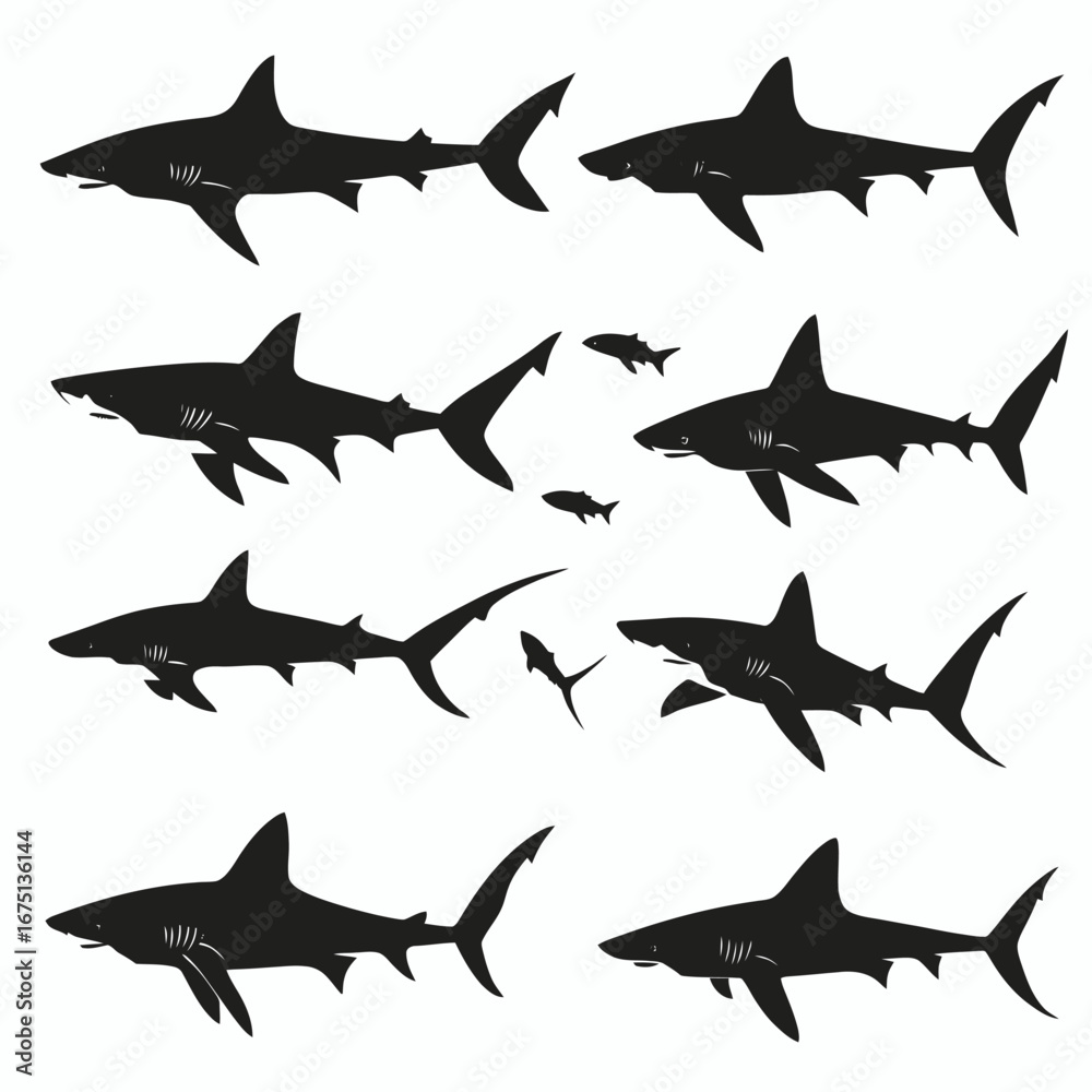 Fototapeta premium Sharks swimming predator isolated ocean animals underwater marine dangerous creatures vector silhouette