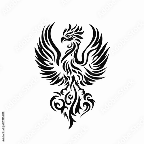 Majestic soaring phoenix with detailed feathers depicted in simple black silhouette