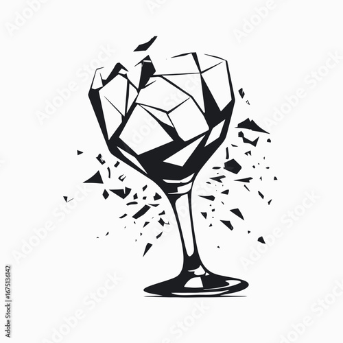 Shattered wine glass geometric art design illustration in vector silhouette