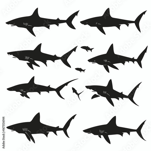 Sharks swimming predator isolated ocean animals underwater marine dangerous creatures vector silhouette