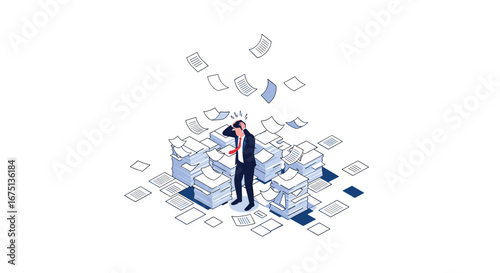 Overwhelmed businessman stressed by excessive paperwork and deadlines in modern office environment
