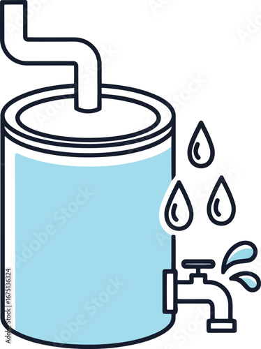 Simple illustration of a water barrel with a spigot and dripping water representing water storage and dispensing