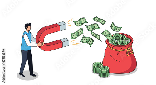 Businessman attracting money with a magnet, symbolizing financial success and wealth generation