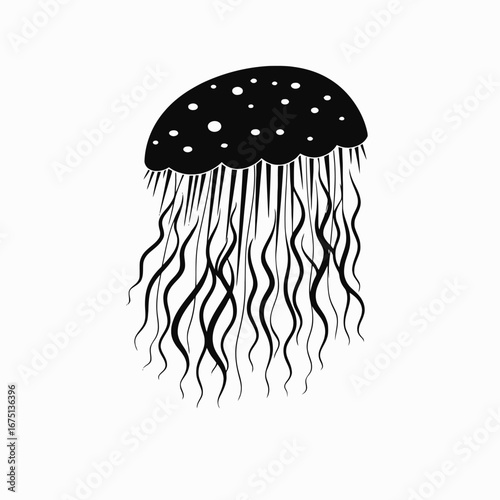 Elegant spotted jellyfish, artistic rendering contrasted against stark white backdrop silhouette
